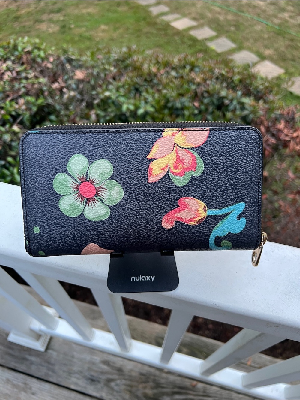 Coach Black Floral Zip-Around Wallet with Pink and Green Blooms - Picture 7 of 16